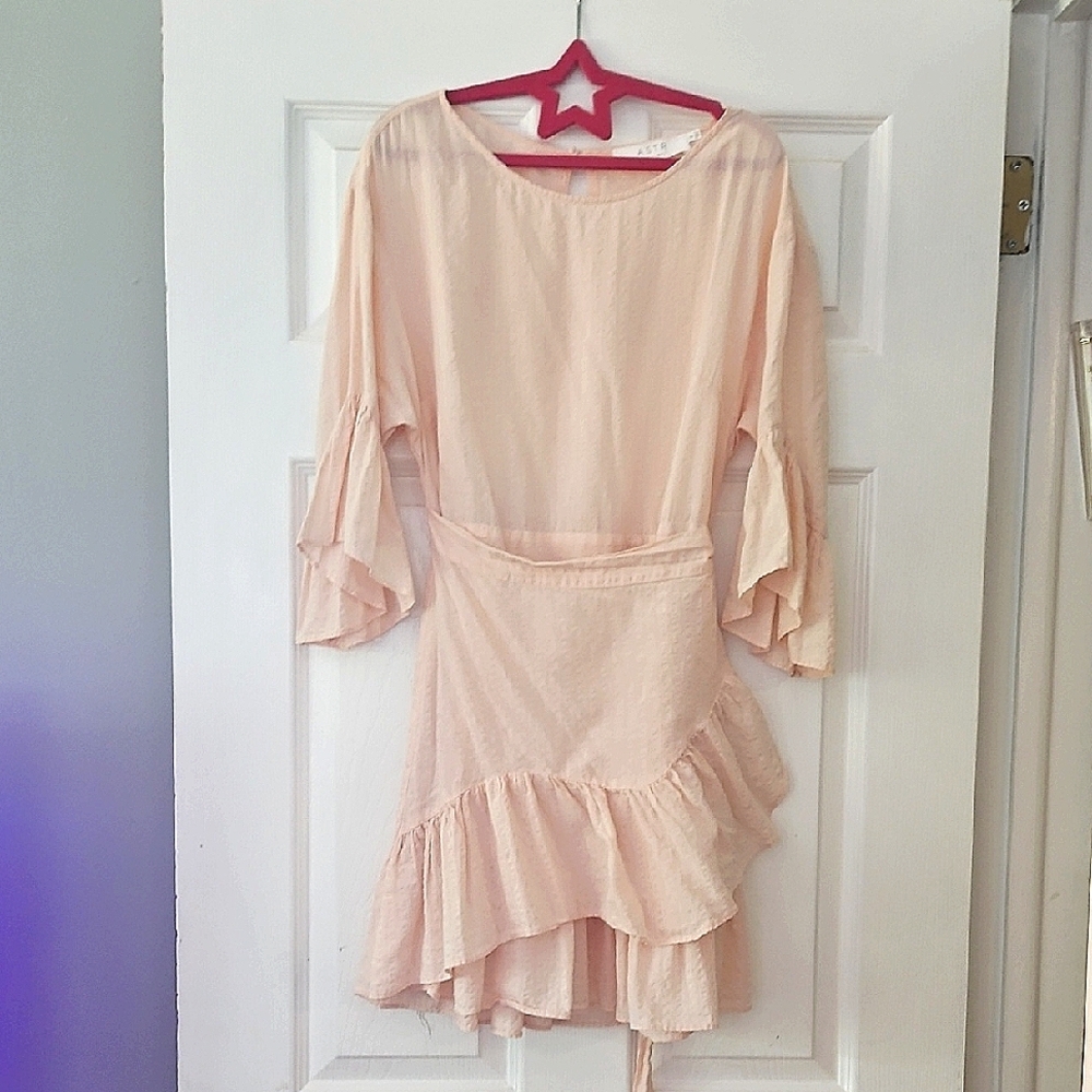ASTR Three-Quarter Bell Sleeve Ruffled Wrap Dress